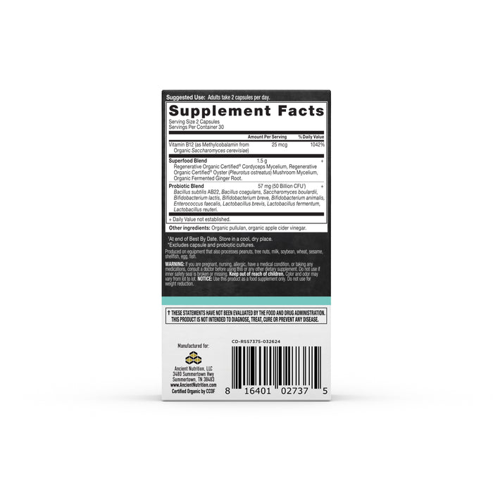 The image displays the back of ROC - Metabolism by Ancient Nutrition, highlighting probiotic strains and metabolism support. It includes serving size, amounts per serving, ingredients, and a barcode at the bottom. Instructions on top advise adults to take 2 capsules daily.