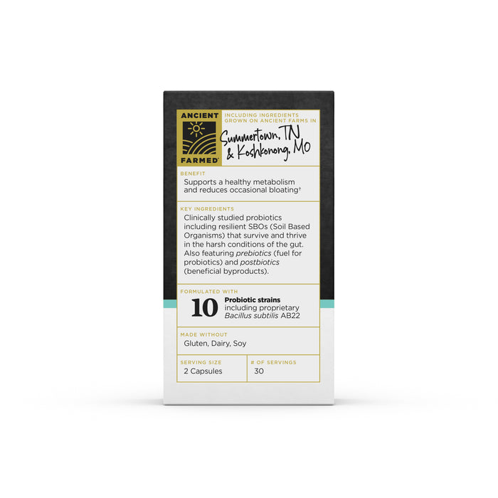 A ROC - Metabolism box by Ancient Nutrition supports metabolism with 10 potent probiotic strains, highlights clinically studied SBOs, offers 30 servings of 2 capsules each, and is gluten and dairy-free.