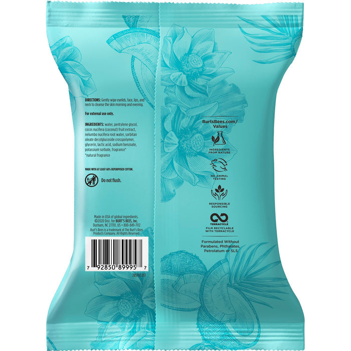 The turquoise pack of Burts Bees Micellar Cleansing Towelettes features floral designs. The back details the directions, ingredients, and sustainability icons for this natural face care item, with a barcode at the bottom.