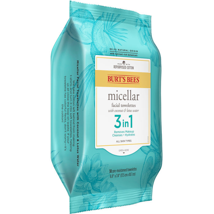 Burts Bees Micellar Cleansing Towelettes package, featuring a turquoise design with leaf and flower illustrations, offers 3 in 1 benefits: makeup removal, cleansing, and hydrating. Contains 30 pre-moistened towelettes for natural face care.
