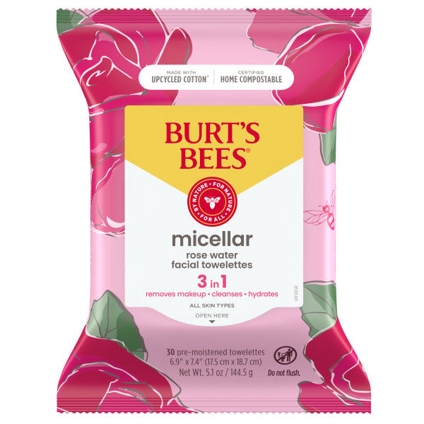 Burts Bees Micellar Cleansing Towelettes come in a pink and white packet with rose illustrations, made from upcycled cotton and are home compostable. Each pack contains 30 pre-moistened towelettes ideal as gentle makeup remover wipes for natural face care.