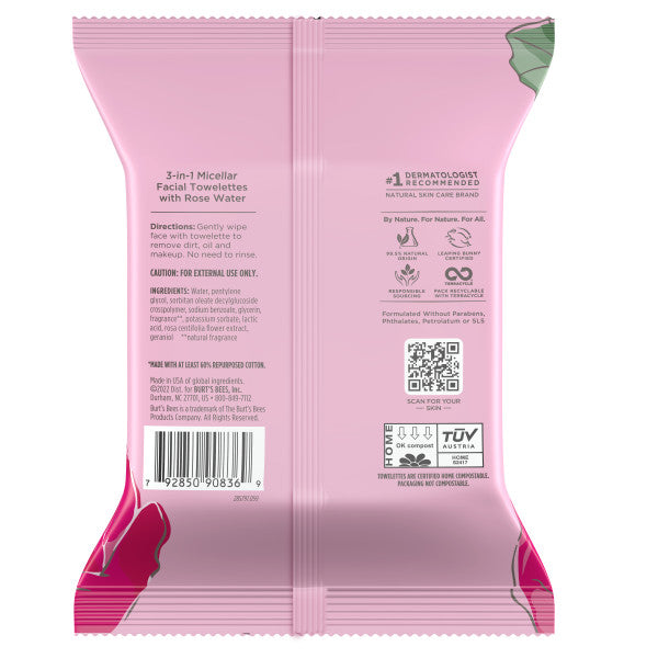 The image shows the back of a pink packet of Burts Bees Micellar Cleansing Towelettes, featuring Rose Water for natural face care. It includes usage instructions, caution info, a barcode, and icons for dermatological testing and eco-friendly certifications.