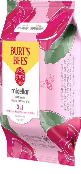 Burts Bees Micellar Cleansing Towelettes come in a pink package with a red rose and green leaves design, featuring their logo. These towelettes offer 3-in-1 benefits: they remove makeup, cleanse, and hydrate, making them perfect for all skin types.