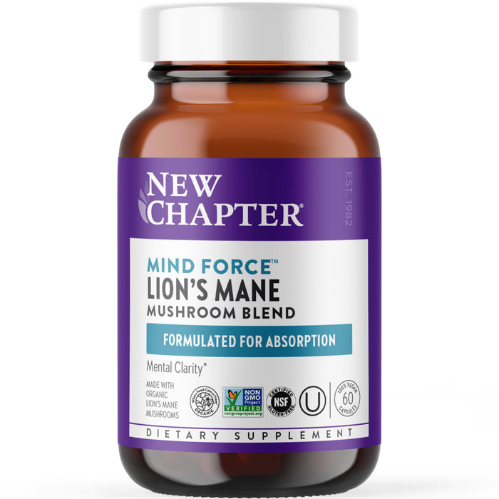 A brown bottle of New Chapter Mind Force™ Lions Mane Mushroom Blend for Mental Clarity features a purple label with Formulated for Absorption and icons for organic, non-GMO, vegetarian-friendly certifications. It offers 60 capsules of cognitive support powered by LifeShield™ mushrooms.