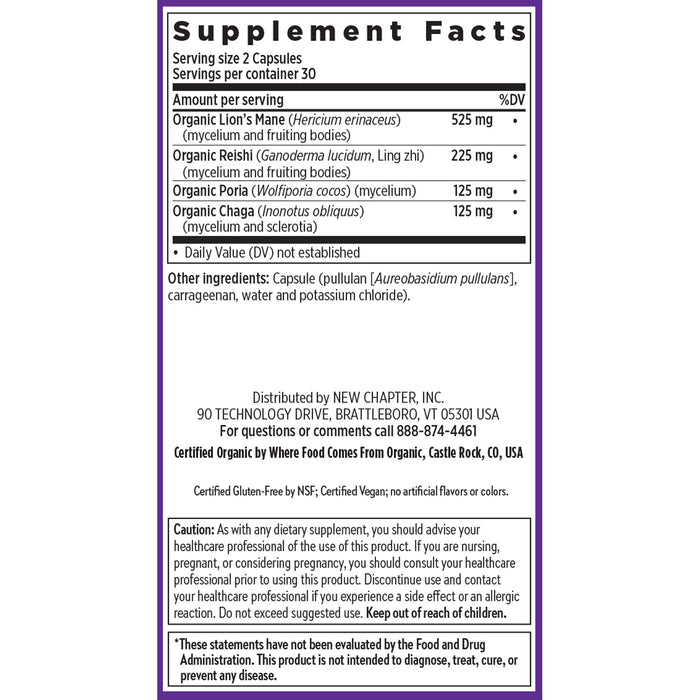 The image shows a supplement facts label for New Chapters Mind Force™ featuring Lion’s Mane, Reishi, Turkey Tail, and Chaga mushrooms. It details ingredients and servings aimed at mental clarity. Contact info and health caution notices are included.