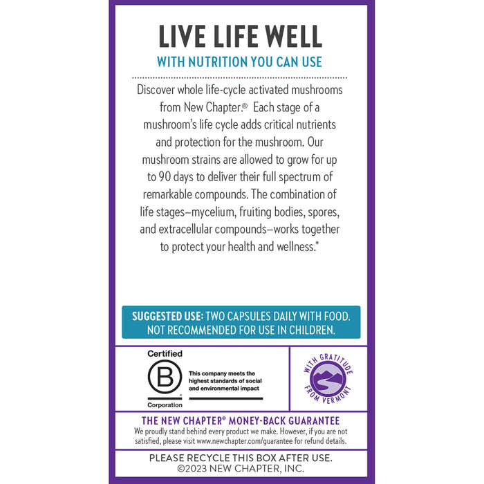 The image shows a New Chapter label for Mind Force™, Lions Mane Mushroom Blend for Mental Clarity, titled Live Life Well with Nutrition You Can Use. It promotes cognitive support from whole life-cycle activated mushrooms with LifeShield™ and suggests adults take two capsules daily. Recycling info included.