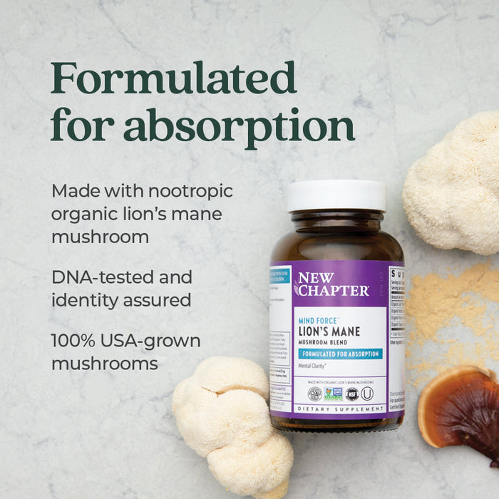A bottle of New Chapter Mind Force™ Lions Mane Mushroom Blend for Mental Clarity rests on a light surface with two Lion’s Mane mushrooms beside it. Text highlights nootropic formula, DNA testing, USA-grown organic ingredients, and cognitive support.
