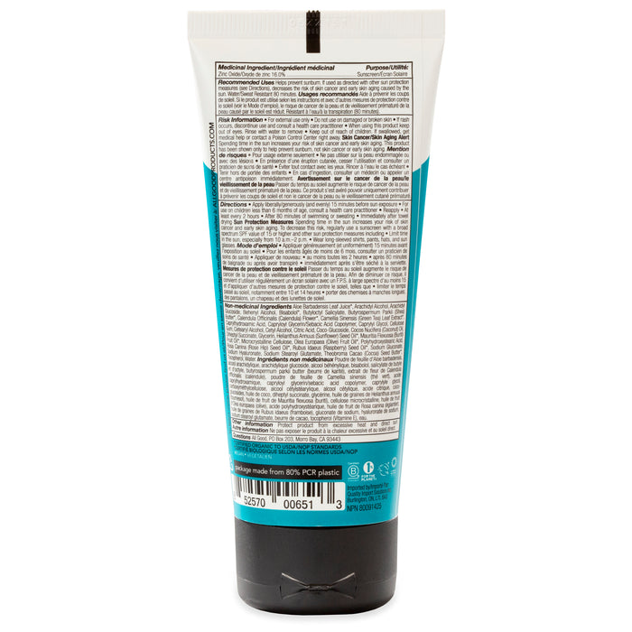 The image depicts the back of a tube labeled All Good Mineral Sport Sunscreen SPF 30. The packaging in teal and white with black text highlights natural sunscreen properties, detailing ingredients and usage instructions.
