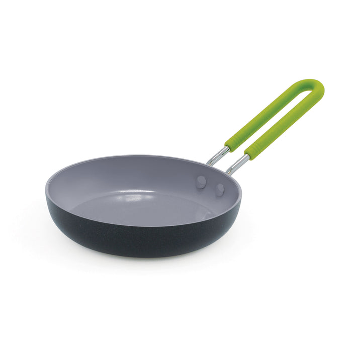 GreenPans Mini Round Egg Pan features a gray Thermolon™ Volt-coated non-stick interior and sleek black exterior, with a green heat-resistant handle. Made from quick-heating aluminum, this PFAS-free pan sits empty against a white background.
