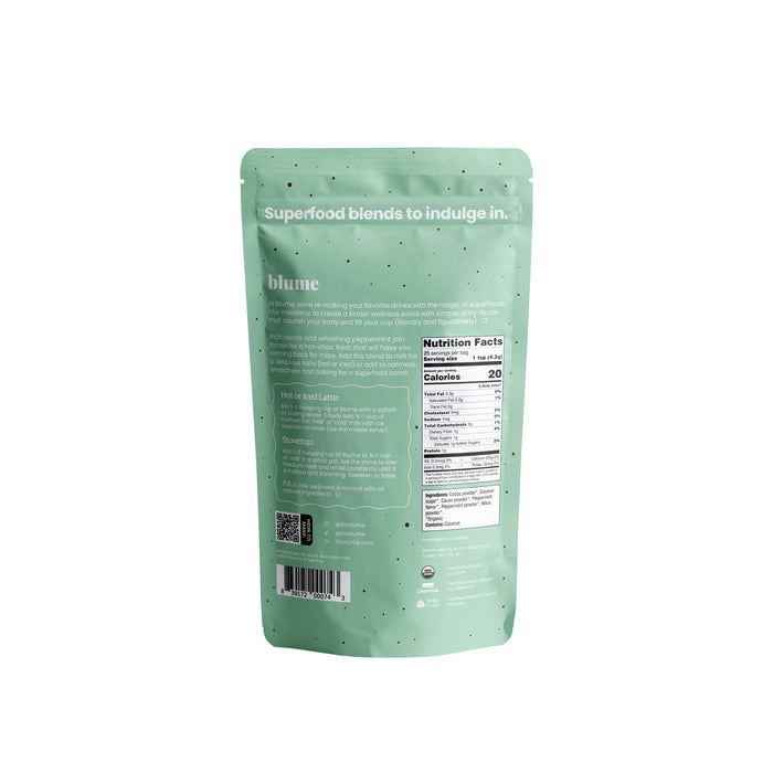 A light green speckled package of blumes Mint Cocoa Blend superfood powder shows preparation instructions and a nutrition facts label on the back. Ideal for minty maca hot chocolate, it includes white text and a QR code at the bottom left.