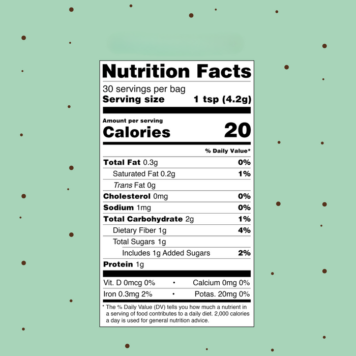 The Mint Cocoa Blend by blume has a nutrition label on a light green background with brown dots, detailing 30 servings per bag. Each 1 tsp serving contains 20 calories and includes fat, sodium, and carb info—ideal for anyone aiming to support digestion.