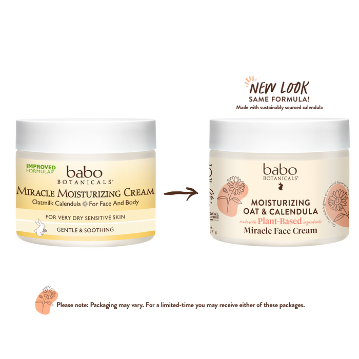 Two jars of Babo Botanicals face cream for sensitive skin: Left - Miracle Moisturizing Cream in pale yellow packaging; Right - Moisturizing Oat & Calendula in a white jar with tan floral designs. Note potential packaging differences below.
