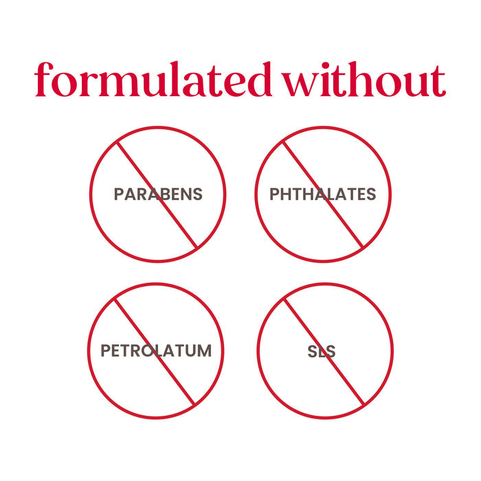 The image contains the text "formulated without" in red at the top, followed by four red circles with diagonal slashes through them. Each circle contains text indicating "PARABENS," "PHTHALATES," "PETROLATUM," and "SLS," indicating these ingredients are not included.