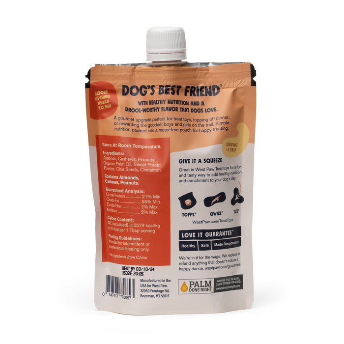 The image shows a standing pouch of West Paws Nut Butter Sweet Potato Creamy Dog Treat, showcasing plant-based nutrition. The tan and orange package lists nutritional info, serving suggestions, and storage tips. A palm oil-free mark and Love it Guarantee assure quality for wholesome dog treats.
