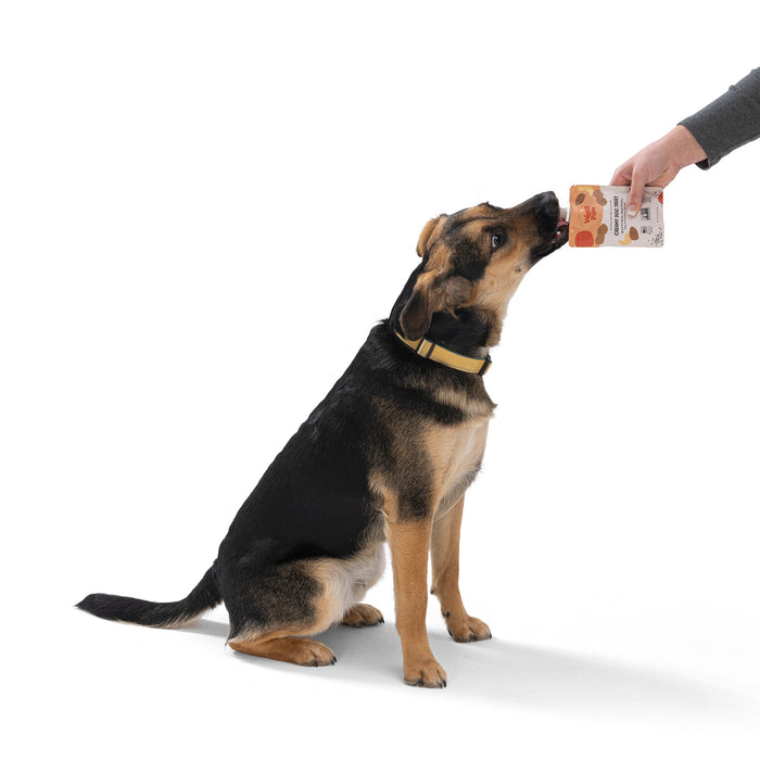 A black and brown dog, wearing a yellow collar, eagerly sniffs a package of West Paws Nut Butter Sweet Potato Creamy Dog Treat held by a person. The curious pup sits against a white background, hoping for a tasty sample.