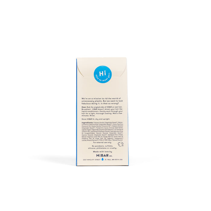 A beige and blue box of HiBARs Moisturize Conditioner highlights the mission to reduce plastic, features nourishing ingredients, and suits dry, frizzy hair. The brand name HiBAR and contact details are at the bottom.