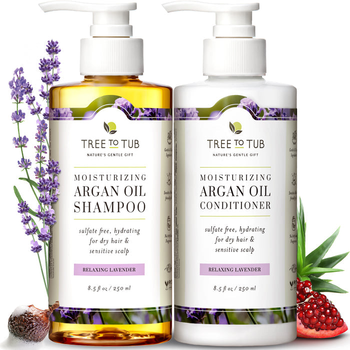 Tree To Tubs Moisturizing Argan Oil Shampoo & Conditioner Starter Set is pictured with lavender, soapberries, and aloe vera in the background. The labels emphasize the sulfate-free, vegan formula designed to hydrate sensitive scalps while providing a calming lavender scent.