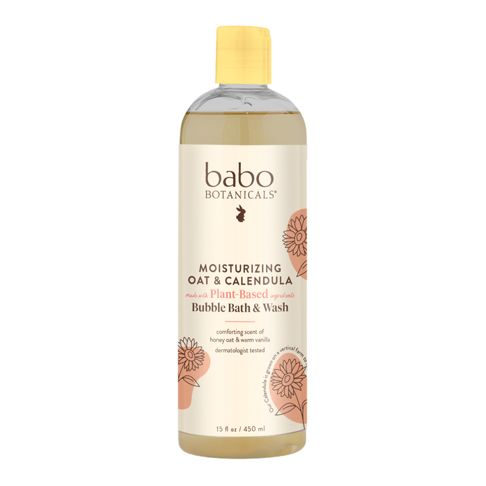 Babo Botanicals Moisturizing Baby Bubble Bath & Wash features a yellow cap and floral illustrations. Infused with gentle colloidal oatmeal, it highlights plant-based ingredients and offers a comforting honey and vanilla scent.