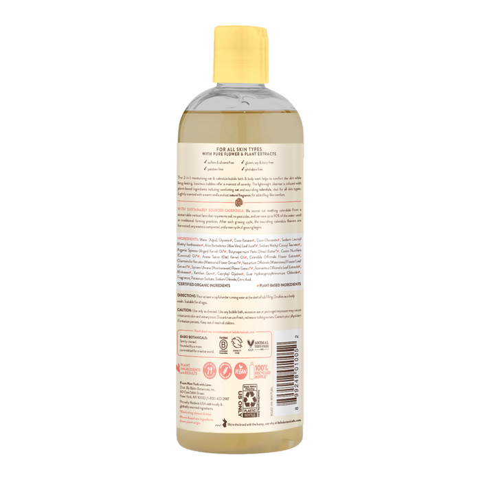 The image shows a Babo Botanicals Moisturizing Baby Bubble Bath & Wash bottle with clear liquid and a yellow cap. Infused with calming colloidal oatmeal, the back label includes ingredients, directions, and certifications, accompanied by logos in the lower section for added assurance.