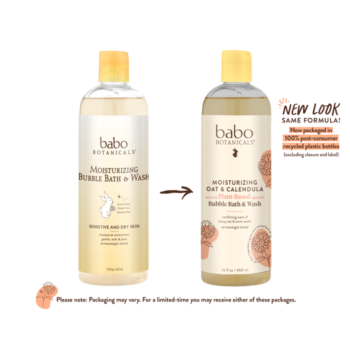 Two Babo Botanicals Moisturizing Baby Bubble Bath & Wash bottles, enriched with Oatmilk and Calendula, are side by side. The left shows older packaging with a bunny logo; the right has updated floral designs.
