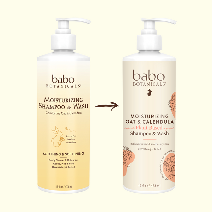 Two bottles of Babo Botanicals shampoo are shown. The left one is Moisturizing Shampoo & Wash, and the right is Moisturizing Oat Shampoo with calendula. Both have plant-based formulas and highlight updated packaging and ingredients for soothing care.