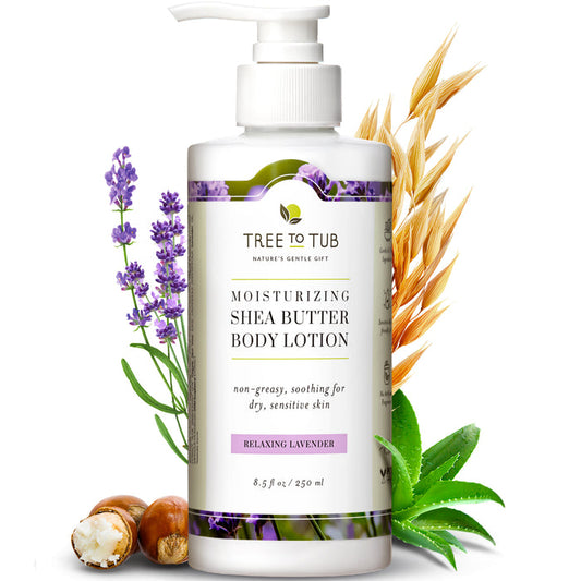Tree To Tubs Moisturizing Shea & Cocoa Butter Lotion for Dry Skin, with a pump dispenser, highlights its soothing formula and relaxing lavender scent. Its complemented by lavender sprigs, aloe, oats, and shea nuts for an enhanced shea butter experience.