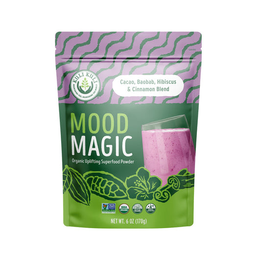 Introducing Kuli Kuli Foods Mood Magic Organic Superfood Blend, packaged in a vibrant design featuring a pink smoothie. Adorned with cacao, baobab, and hibiscus images, it is accented with green and purple leaves. Net weight: 6 oz (170g).