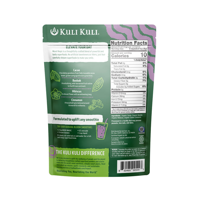 The back of the Mood Magic Organic Superfood Blend packet by Kuli Kuli Foods displays nutrition facts and ingredients. Its green packaging with purple accents highlights superfoods such as cacao, baobab, moringa, reishi mushrooms, and hibiscus—ideal for adding some Mood Magic to your daily routine.