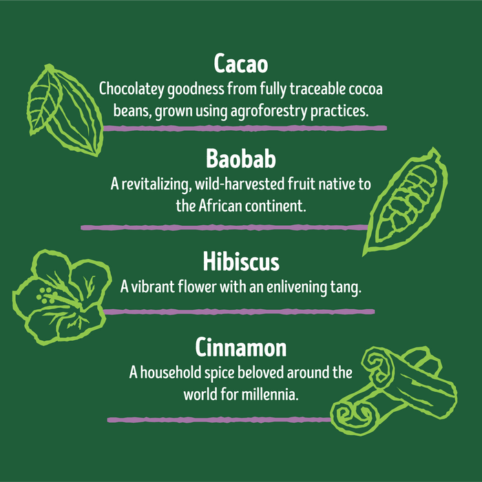 Green background with descriptions of four ingredients: Cacao, Baobab, Hibiscus, and Cinnamon, each accompanied by a matching illustration. Cacao: chocolatey cocoa beans. Baobab: wild-harvested African fruit. Hibiscus: vibrant flower with tang. Cinnamon: household spice.