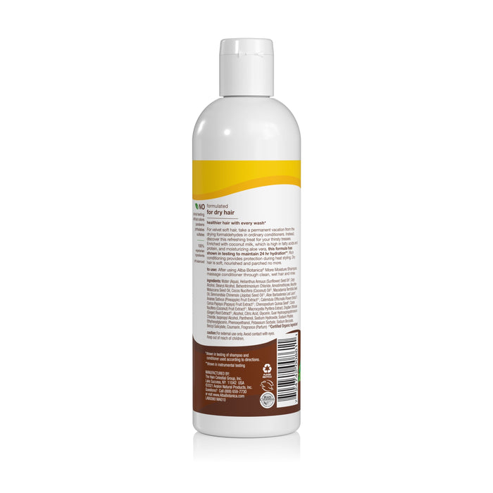 A white plastic bottle with a yellow and brown label and flip-top cap is shown from the back, featuring text and directions. It contains Alba Botanica More Moisture Coconut Milk Conditioner for dry hair.