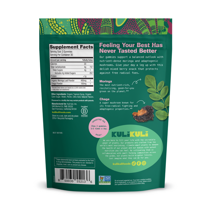 Back of a Kuli Kuli Foods Moringa & Chaga Mushroom SuperGummies pouch, showing supplement facts, product info, moringa leaf and chaga illustrations, plus contact details on a green patterned background—highlighting an energizing superfood boost.