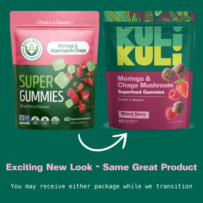 Two bags of Kuli Kuli Foods Moringa & Chaga Mushroom SuperGummies are shown: the old design on the left and the new energizing look on the right. Text highlights an Exciting New Look – Same Great Product.