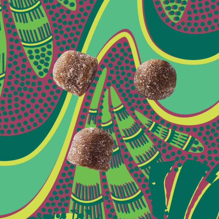 Three brown Moringa & Chaga Mushroom SuperGummies by Kuli Kuli Foods float over a vibrant, abstract background with green, yellow, and red wavy patterns, offering an energizing boost.