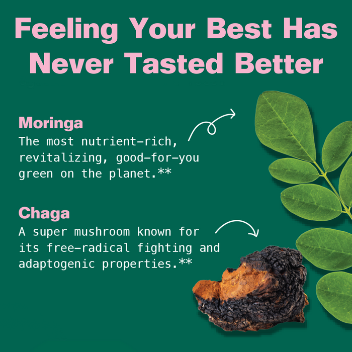 A green background highlights Moringa & Chaga Mushroom SuperGummies by Kuli Kuli Foods, featuring text on their benefits, a photo of moringa leaf and chaga mushroom, and the headline: Feeling Your Best Has Never Tasted Better.