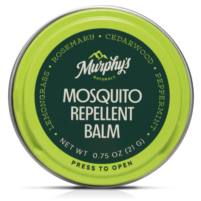 A 0.75 oz (21g) round tin of Murphys Naturals Mosquito Repellent Balm has a green lid and highlights its DEET-free formula with natural oils such as rosemary, cedarwood, lemongrass, and peppermint.