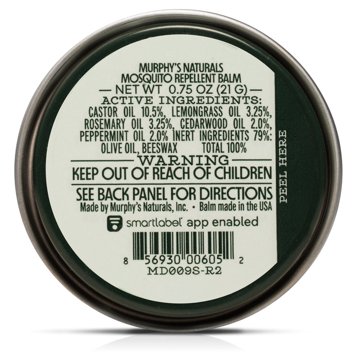 Murphys Naturals Mosquito Repellent Balm comes in a round tin displaying its DEET-free repellent oils like castor, lemongrass, rosemary, cedarwood, and peppermint on the lid. It advises keeping out of childrens reach and has a barcode on the bottom.