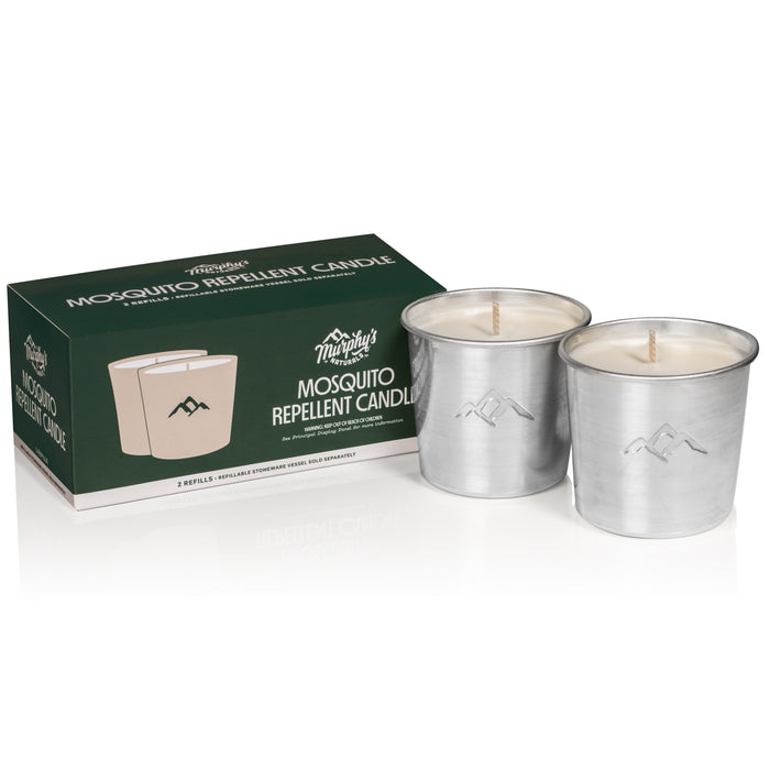 Box labeled Mosquito Repellent Candle Refill from Murphys Naturals features two silver candle holders with mountain logos. The minimalist design highlights its DEET-free formula with essential oils, set against a clean white background.