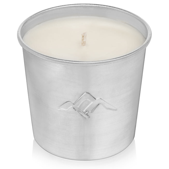 A DEET-free Mosquito Repellent Candle Refill by Murphys Naturals in a silver holder with an embossed mountain design, single wick, and smooth reflective surface. Infused with essential oils for beauty and functionality.
