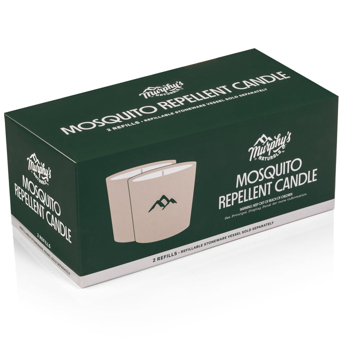Murphys Naturals Mosquito Repellent Candle Refill comes in a dark green and white design. Infused with essential oils, it includes two refills. The refillable stoneware vessel is sold separately and the front displays an image of two candle refills.