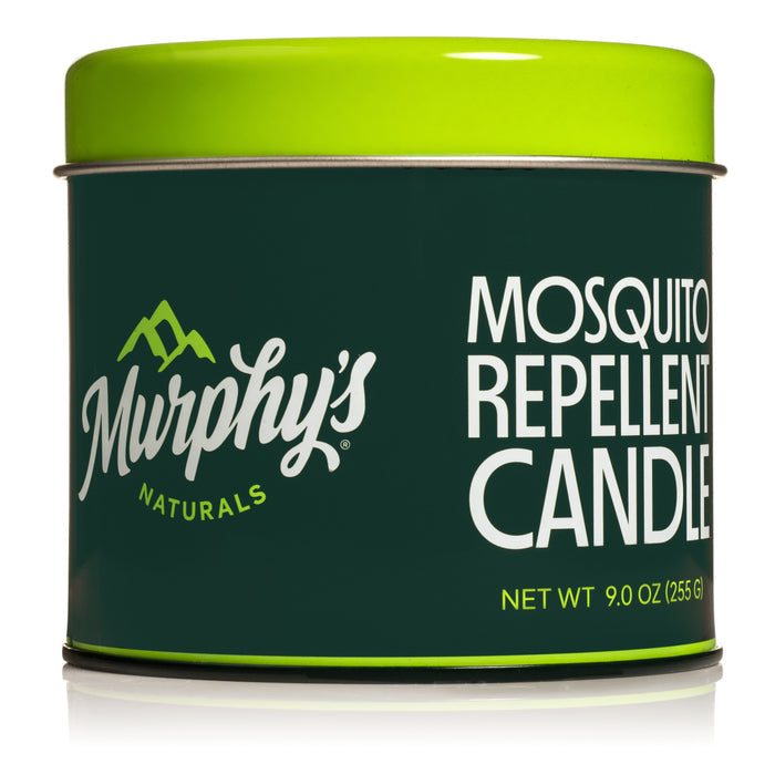 Murphys Naturals Mosquito Repellent Candle comes in a green and dark green tin, is DEET-free, weighs 9 oz., and blends natural ingredients for a pleasant outdoor experience.