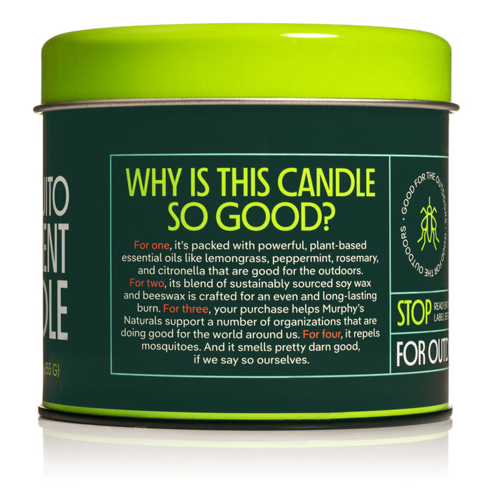 Murphys Naturals Mosquito Repellent Candle is a green tin featuring a DEET-free formula with plant-based essential oils, including lemongrass and rosemary, blended with sustainably sourced soy and beeswax while supporting various organizations.