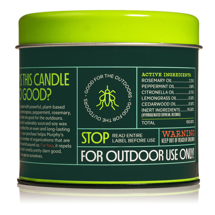 Murphys Naturals Mosquito Repellent Candle is a green tin labeled Good For The Outdoors, featuring rosemary, peppermint, citronella, lemongrass, and cedar oils. DEET-free and designed as a natural mosquito repellent, it is for outdoor use only; keep away from children.