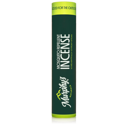 Murphys Naturals Mosquito Repellent Incense Cylindrical Package: 12 Citronella Sticks, green color with a darker green band stating Good for the Outdoors. Infused with naturally derived oils; DEET-free for a natural outdoor experience.