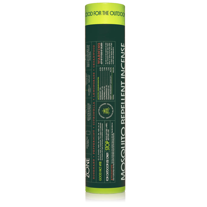 Murphys Naturals cylindrical green Mosquito Repellent Incense Sticks container features a DEET-free formula with naturally derived oils, clear instructions, and a warning. A yellow label on the top states Good for the outdoors, with design elements showcasing product text and icons.