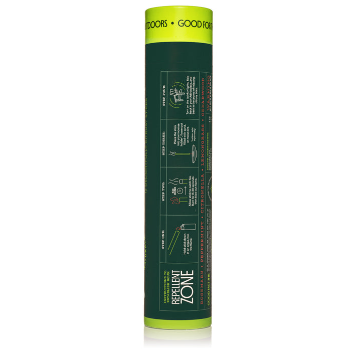 A dark green cylindrical container with yellow-green caps from Murphys Naturals holds DEET-free Mosquito Repellent Incense Sticks. It includes instructions, diagrams, and highlights naturally derived oils used in the formulation.