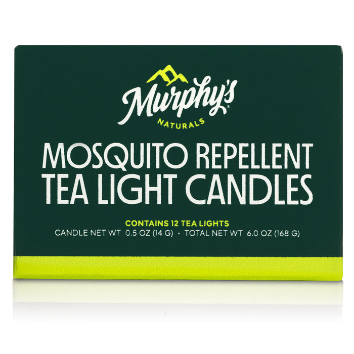 Murphys Naturals Mosquito Repellent Tea Light Candles, in a green box, are infused with citronella oil and natural soy. The set includes 12 candles, each 0.5 oz (14g), totaling 6.0 oz (168g).