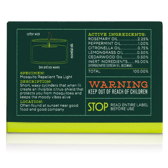 Packaging for Murphys Naturals Mosquito Repellent Tea Light Candles highlights their natural soy composition and green theme. Ingredients like rosemary and citronella oils are included, along with warnings to keep away from children and to read the label thoroughly before use for the best results.