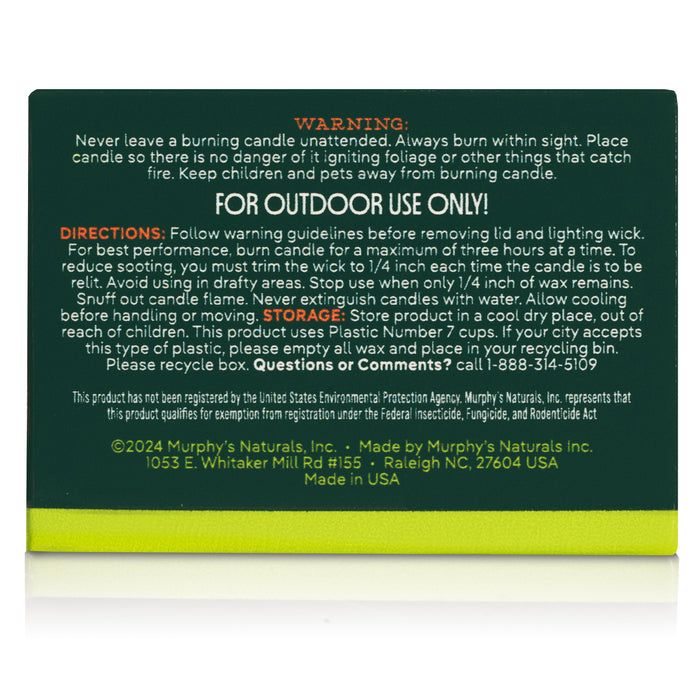 A green rectangular label features red WARNING and FOR OUTDOOR USE ONLY! text at the top for Mosquito Repellent Tea Light Candles by Murphys Naturals. White text details directions, caution, and storage below, while company info and contact details are at the bottom.