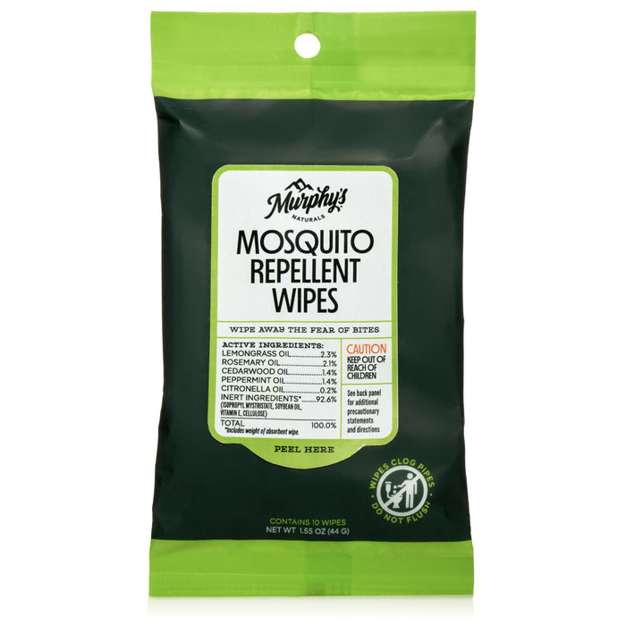 Murphys Naturals Mosquito Repellent Wipes come in a green and black pack with 10 wipes, featuring natural ingredients like lemongrass and peppermint oil for portable, convenient protection against bites.
