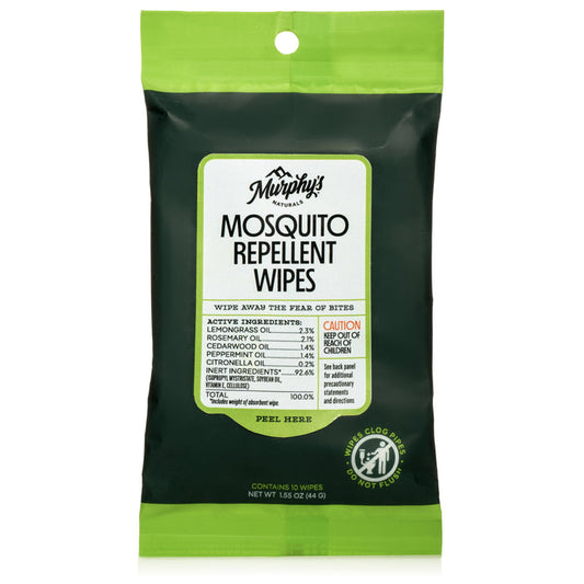 Murphys Naturals Mosquito Repellent Wipes come in a green and black pack with 10 wipes, featuring natural ingredients like lemongrass and peppermint oil for portable, convenient protection against bites.